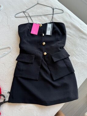 Black Strapless Mini Dress with Gold Buttons